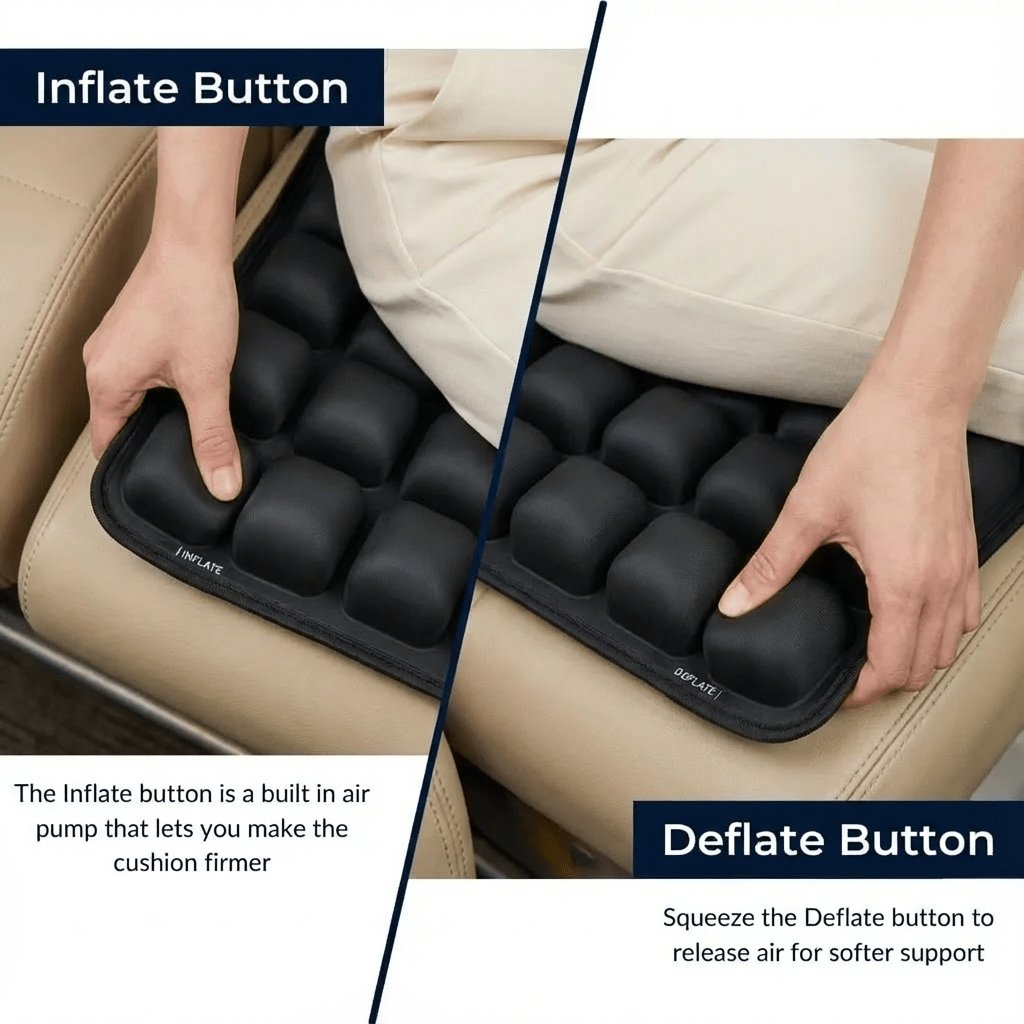 Hands adjusting OCEVA inflatable seat cushion using inflate and deflate buttons for customizable firmness and comfort