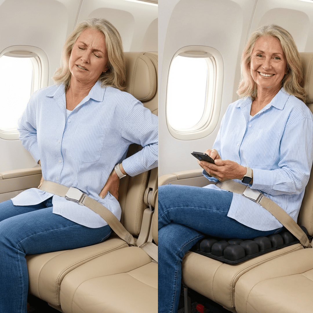 Before and after using OCEVA seat cushion on airplane showing back pain relief and improved comfort