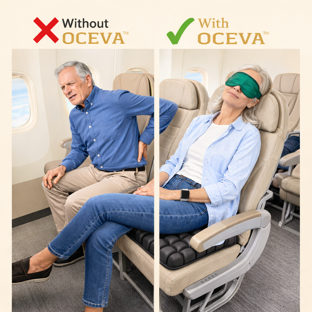 OCEVA seat cushion comparison showing airplane passenger with back pain without support and relaxed comfort with OCEVA cushion