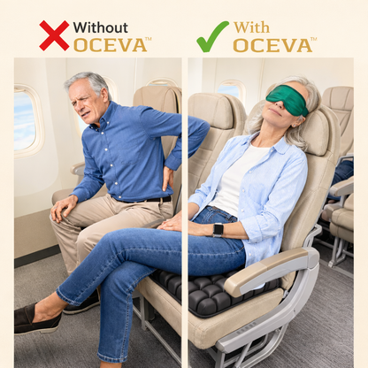 OCEVA seat cushion comparison showing airplane passenger with back pain without support and relaxed comfort with OCEVA cushion
