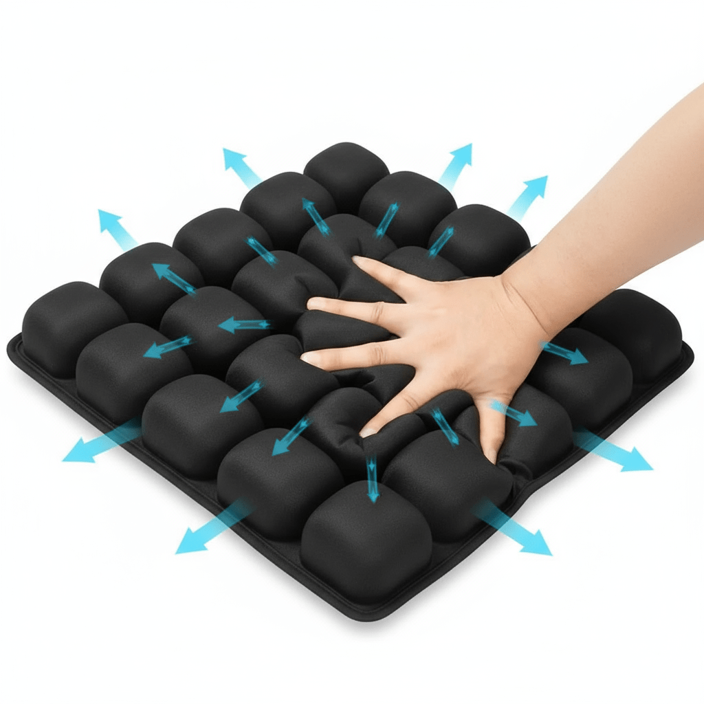 Hand pressing OCEVA air cell seat cushion showing pressure distribution and improved blood circulation support