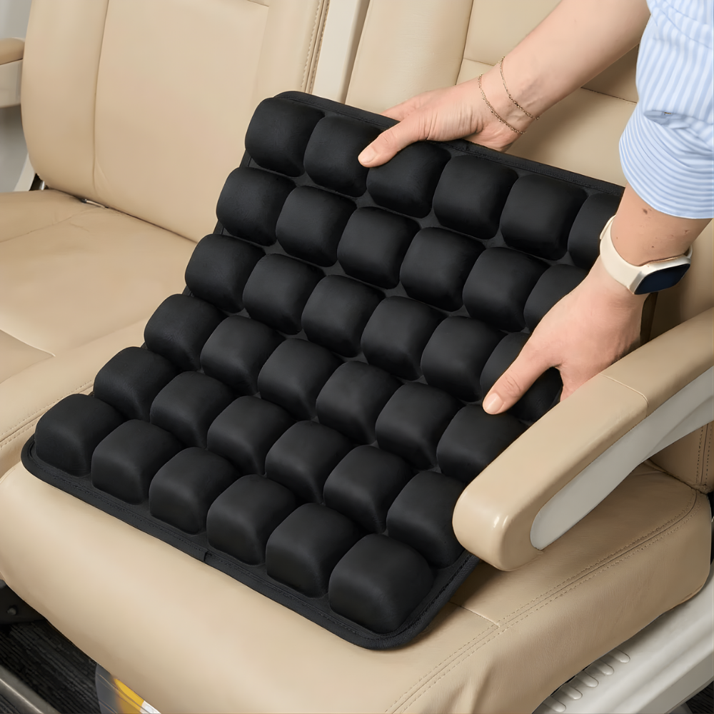 OCEVA seat cushion being placed on car seat showing easy setup and ergonomic comfort support