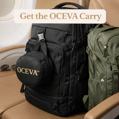 OCEVA seat cushion carry bag attached to backpack showing portable travel convenience and easy transport