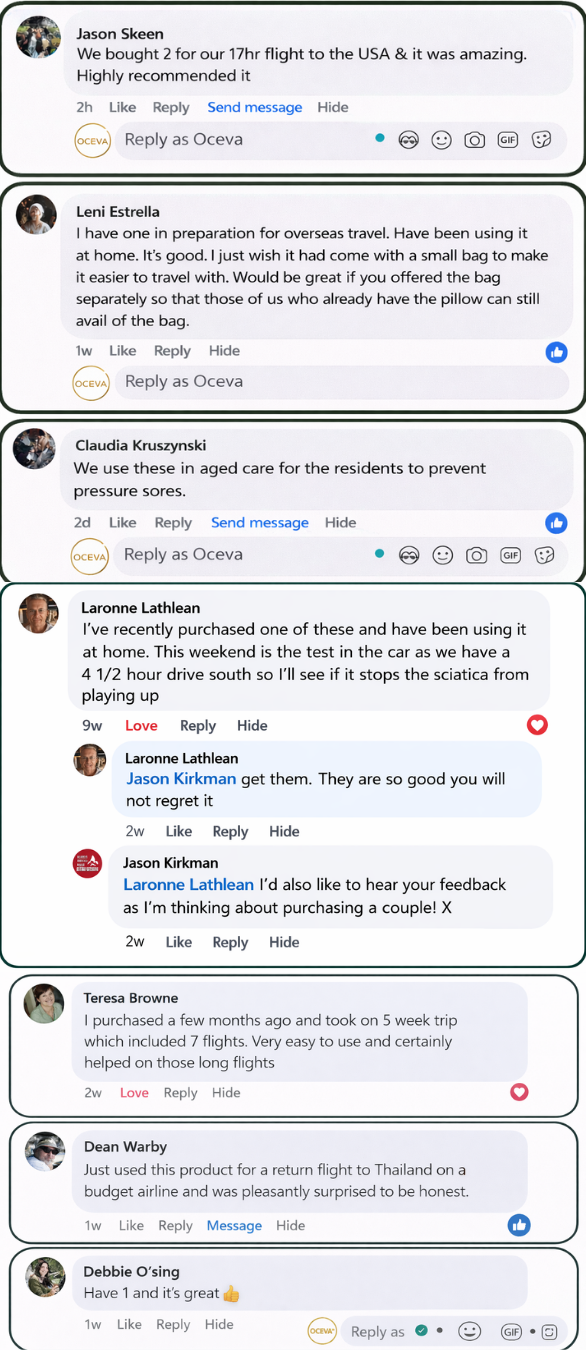 Collection of customer comments and reviews about OCEVA seat cushion showing positive feedback and comfort during long flights