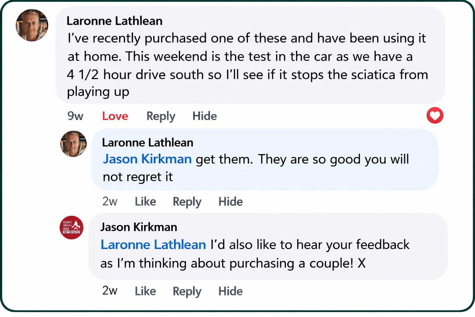 Customer conversation review recommending OCEVA seat cushion for comfort and support during long travel and sitting