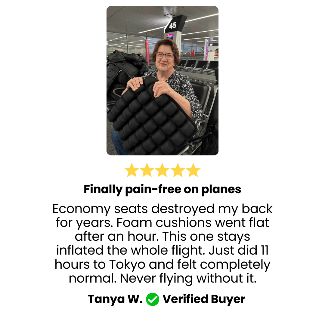 Customer holding OCEVA seat cushion at airport sharing review about back pain relief and comfort during long flights