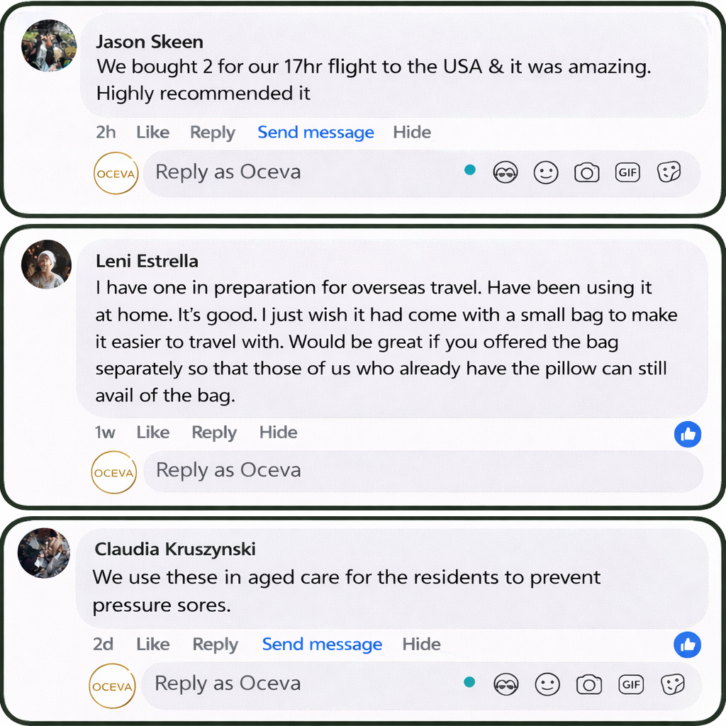 Customer reviews of OCEVA seat cushion highlighting comfort and support during long flights and travel