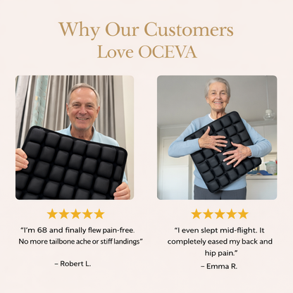 OCEVA seat cushion customer testimonials showing users experiencing pain relief and comfort with 5 star reviews