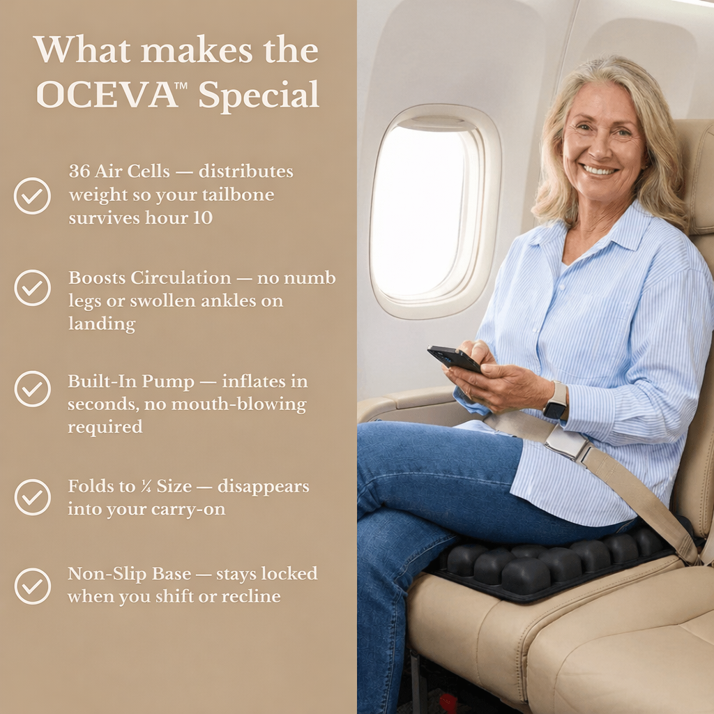 OCEVA seat cushion used on airplane seat showing ergonomic features for pressure relief circulation support and long sitting comfort