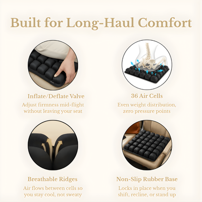 OCEVA seat cushion feature breakdown showing air cells valve breathable design and non slip base for long sitting comfort