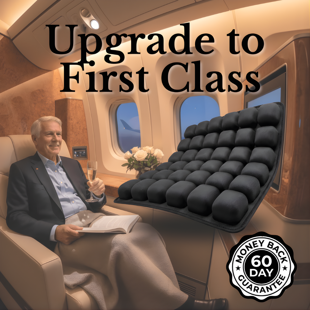 OCEVA seat cushion in first class airplane seat providing premium comfort with 60 day money back guarantee