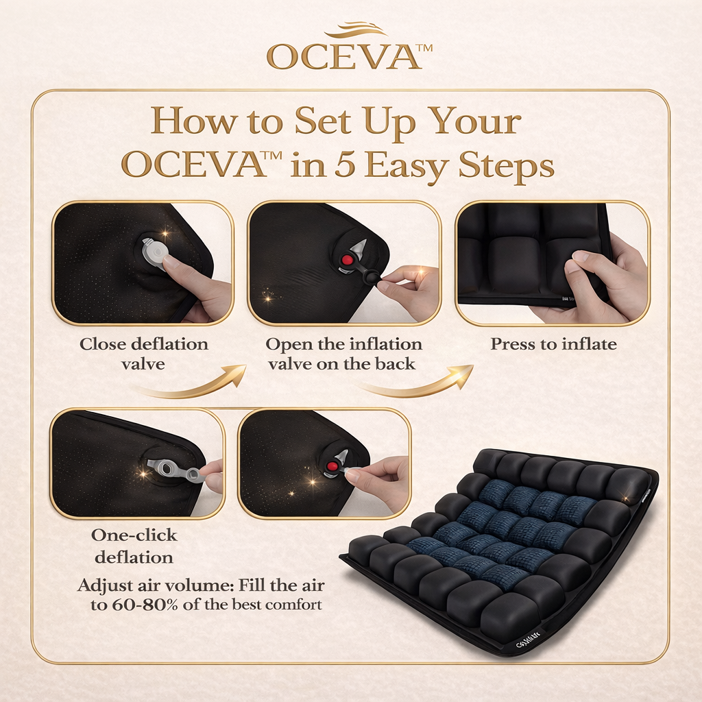 OCEVA seat cushion setup instructions showing how to inflate adjust and use for maximum comfort in easy steps