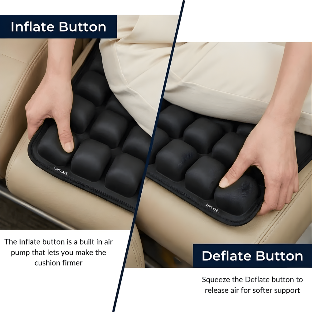 OCEVA seat cushion with inflate and deflate buttons allowing adjustable firmness for personalized comfort