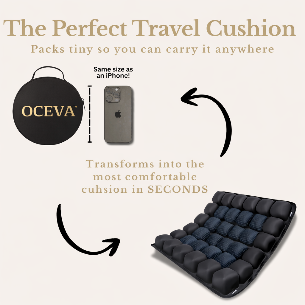 OCEVA seat cushion portable design showing compact foldable size compared to phone for easy travel use