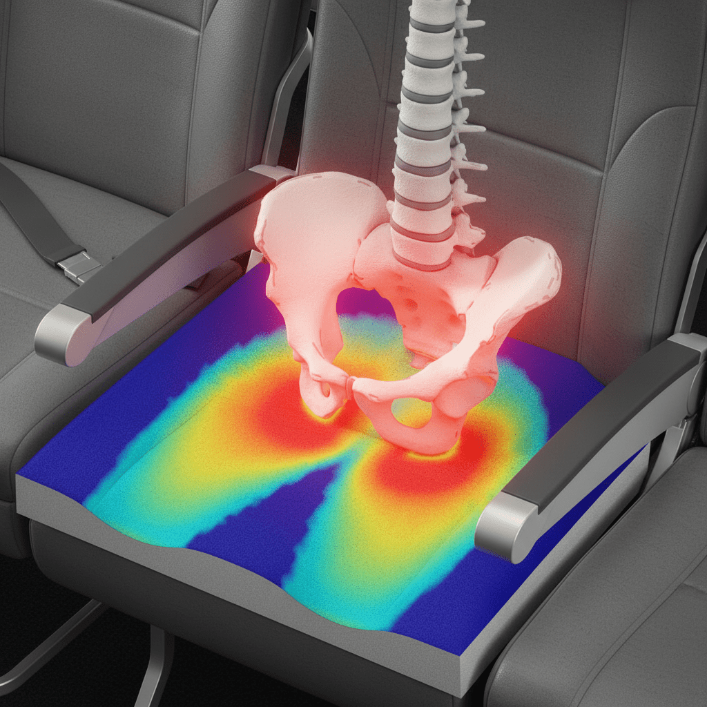 Heatmap visualization of pressure points on airplane seat demonstrating how OCEVA cushion relieves back and tailbone pressure