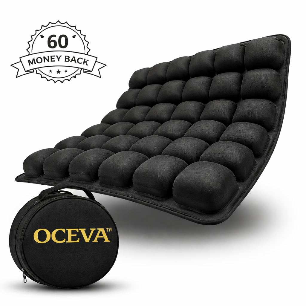 OCEVA inflatable seat cushion with portable carry case showing compact design and travel comfort with money back guarantee