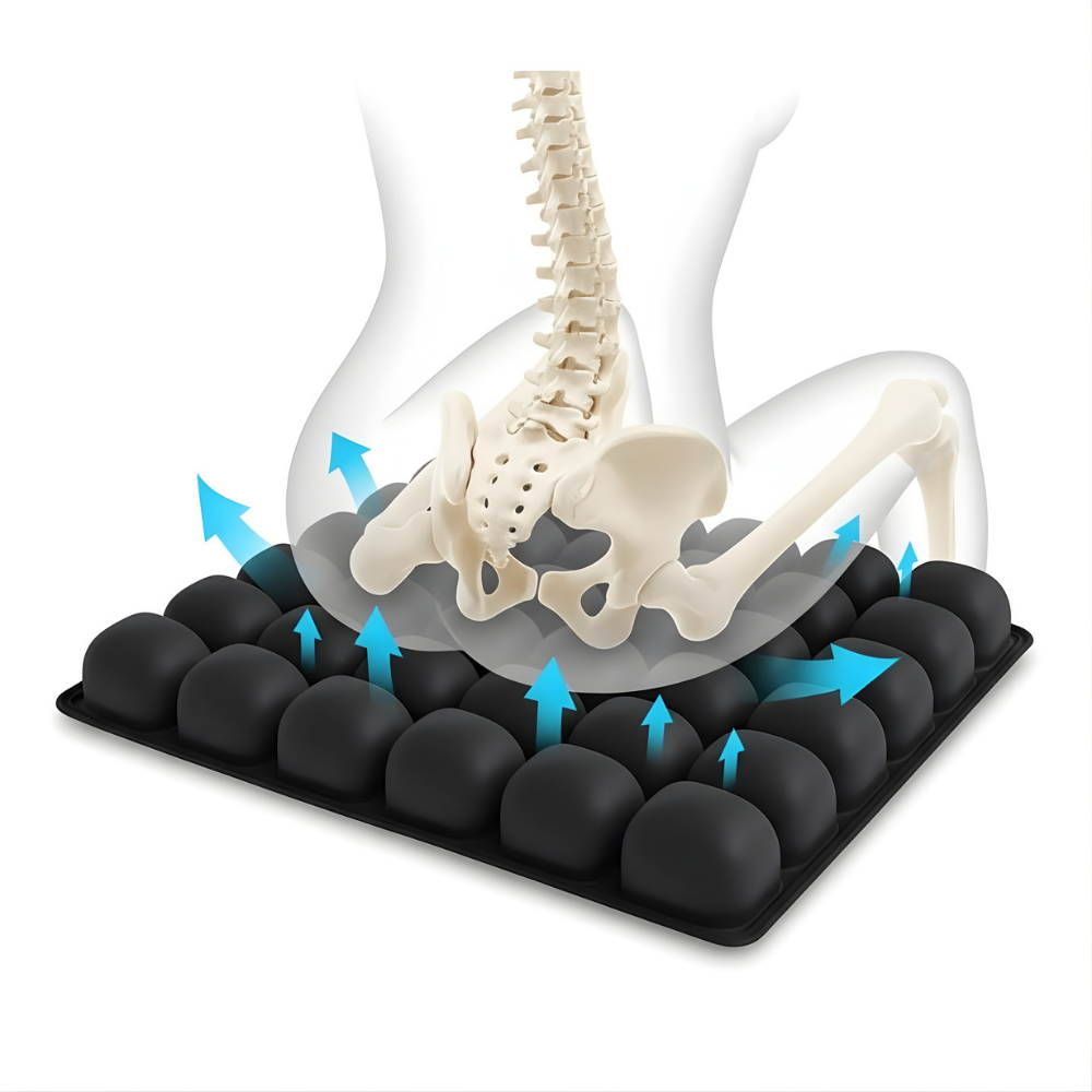 OCEVA seat cushion providing spine support and pressure relief for hips and lower back during long sitting