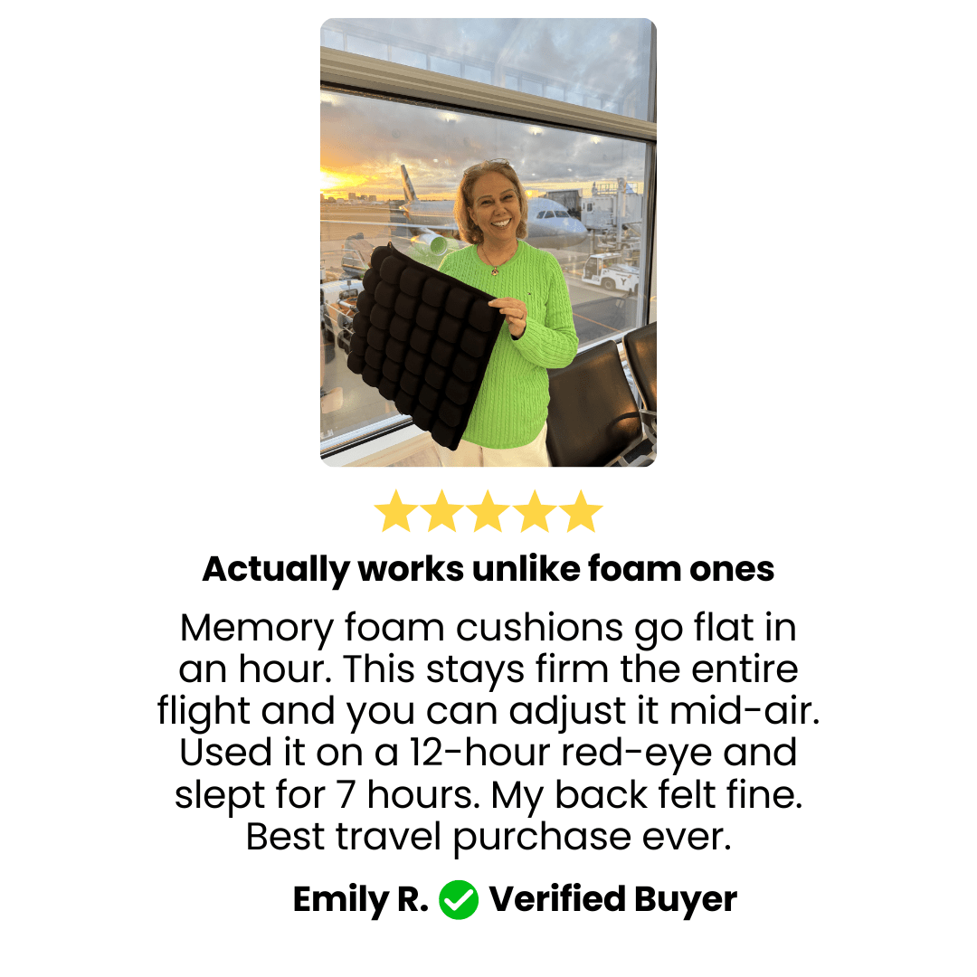 Customer testimonial comparing inflatable seat cushion vs foam showing better support and comfort during overnight flights