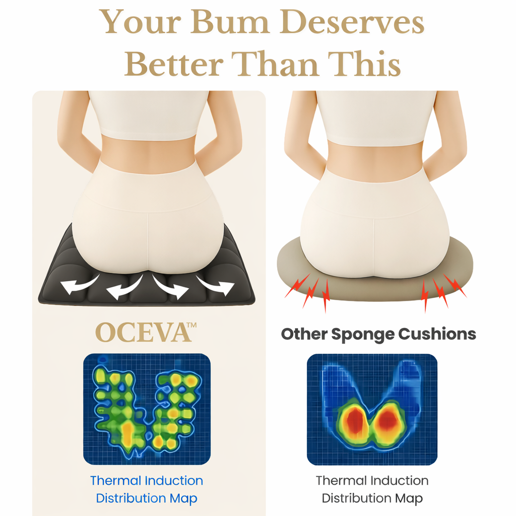 Comparison of OCEVA seat cushion and other foam cushions showing better pressure distribution and reduced pressure points